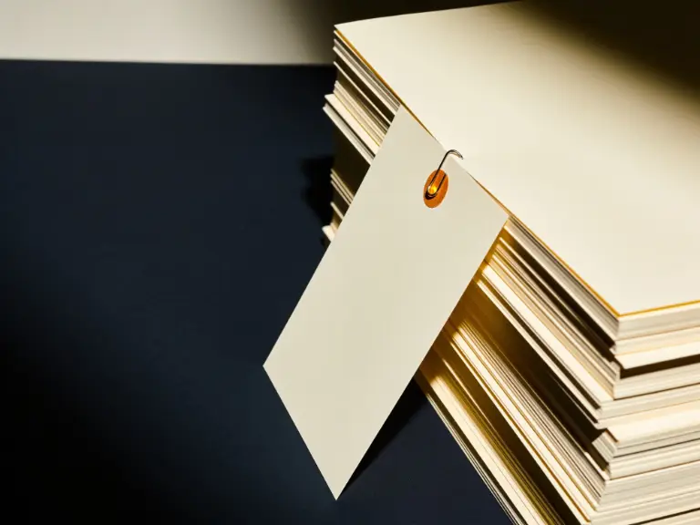 An archival stack of cream records on a navy surface